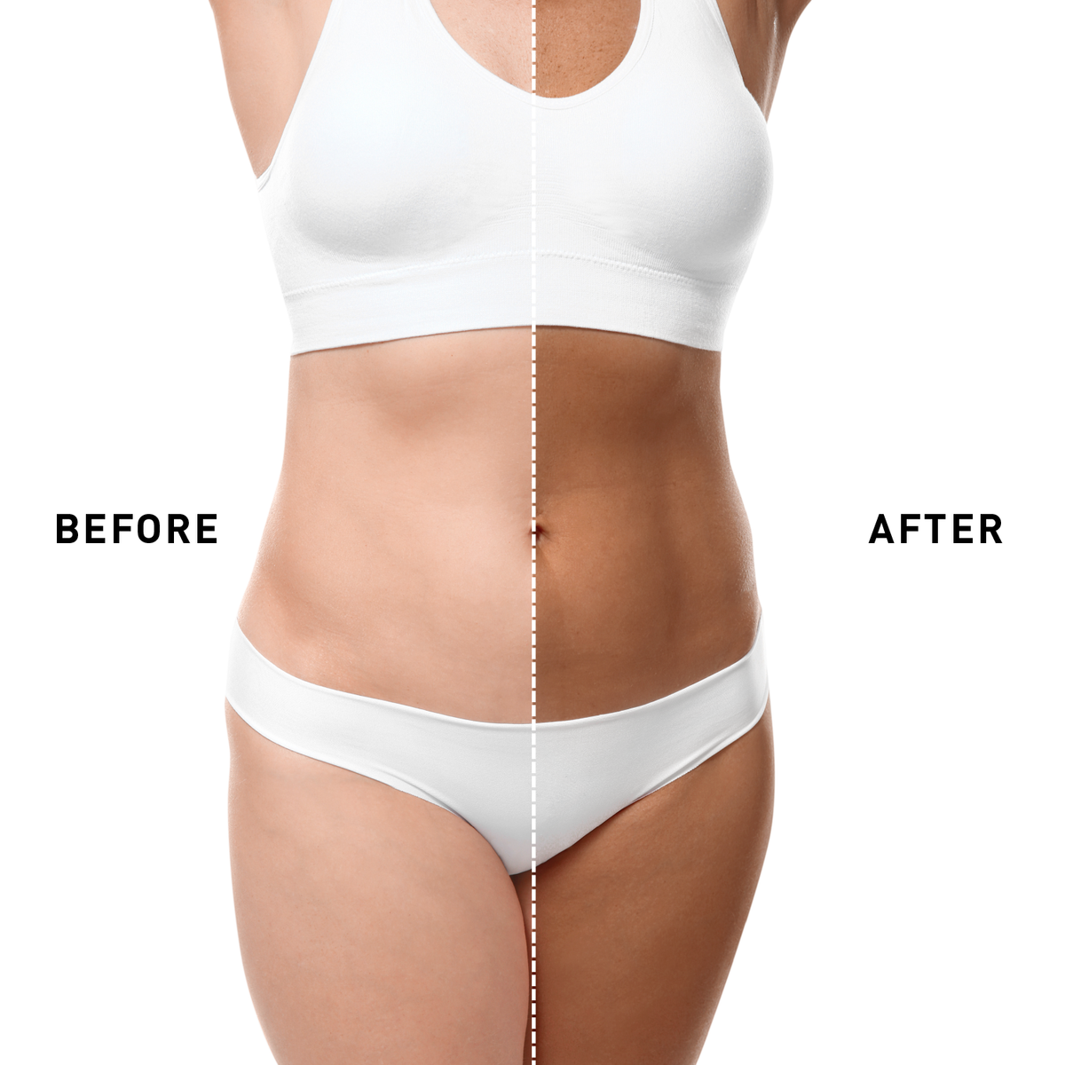 Before and after comparison of a person wearing white underwear on a plain background