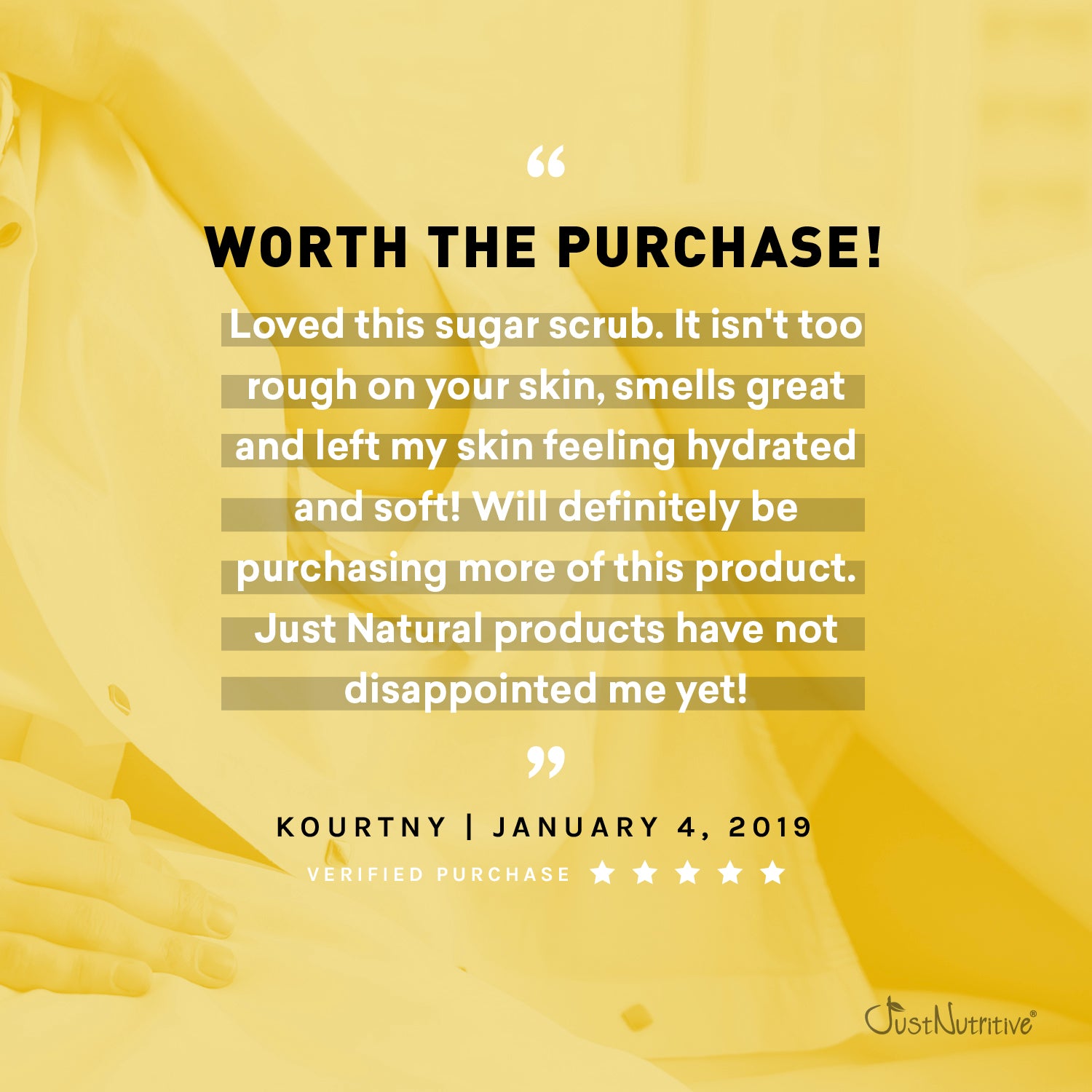 Product review for a sugar scrub with a yellow background and visible brand logo.