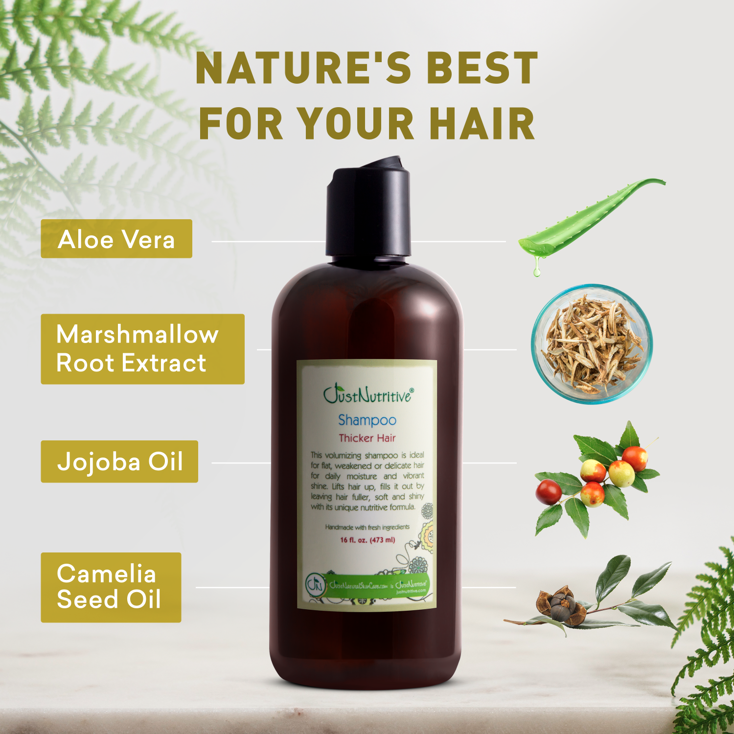 Shampoo bottle with natural ingredients on a light background