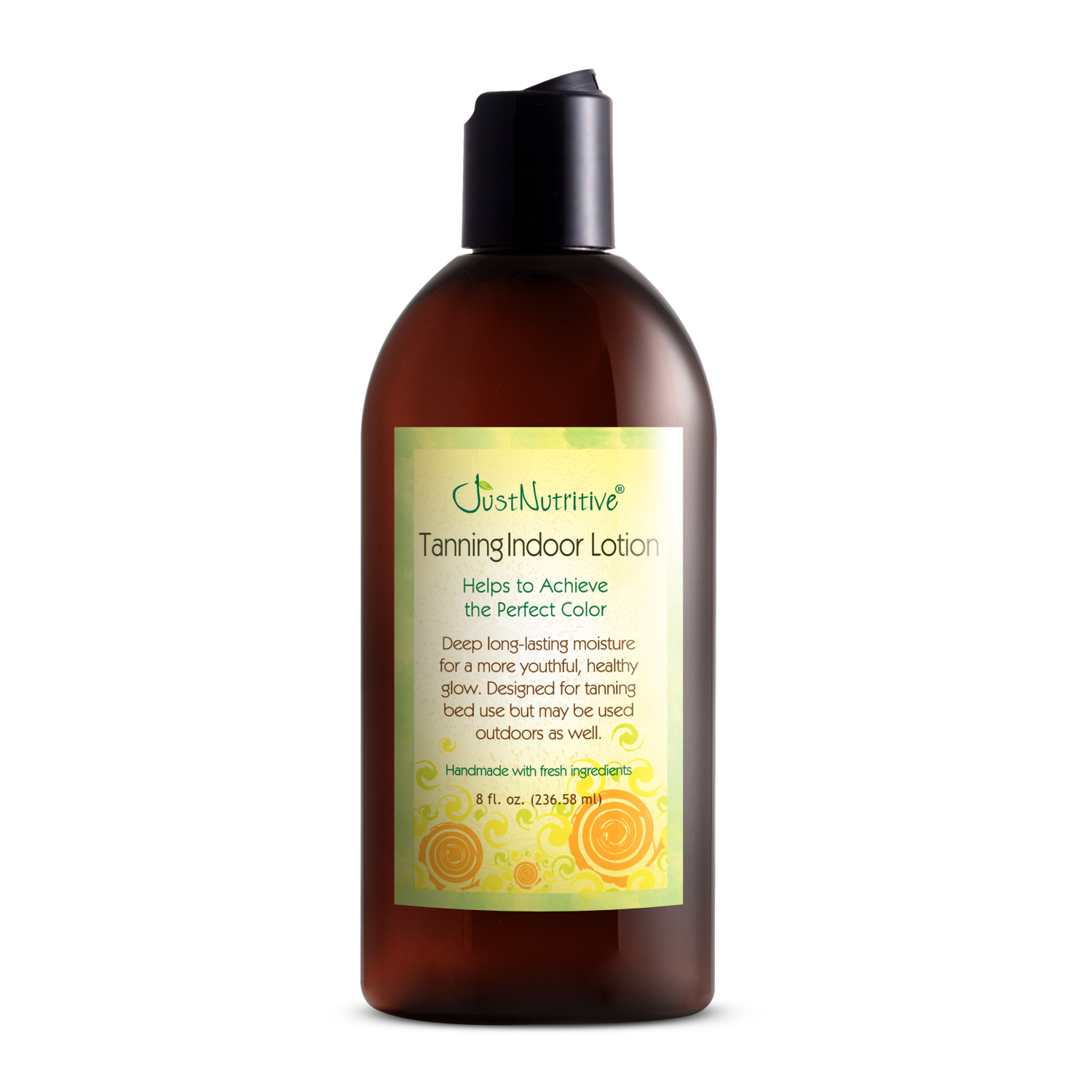 Brown bottle of Just Nutritive Tanning Indoor Lotion on a white background