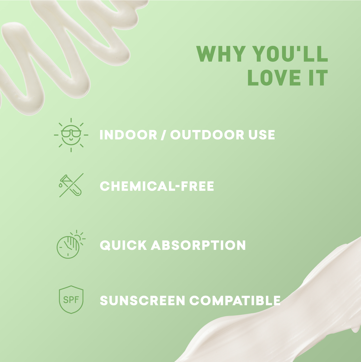 Product description with icons and text on a green background