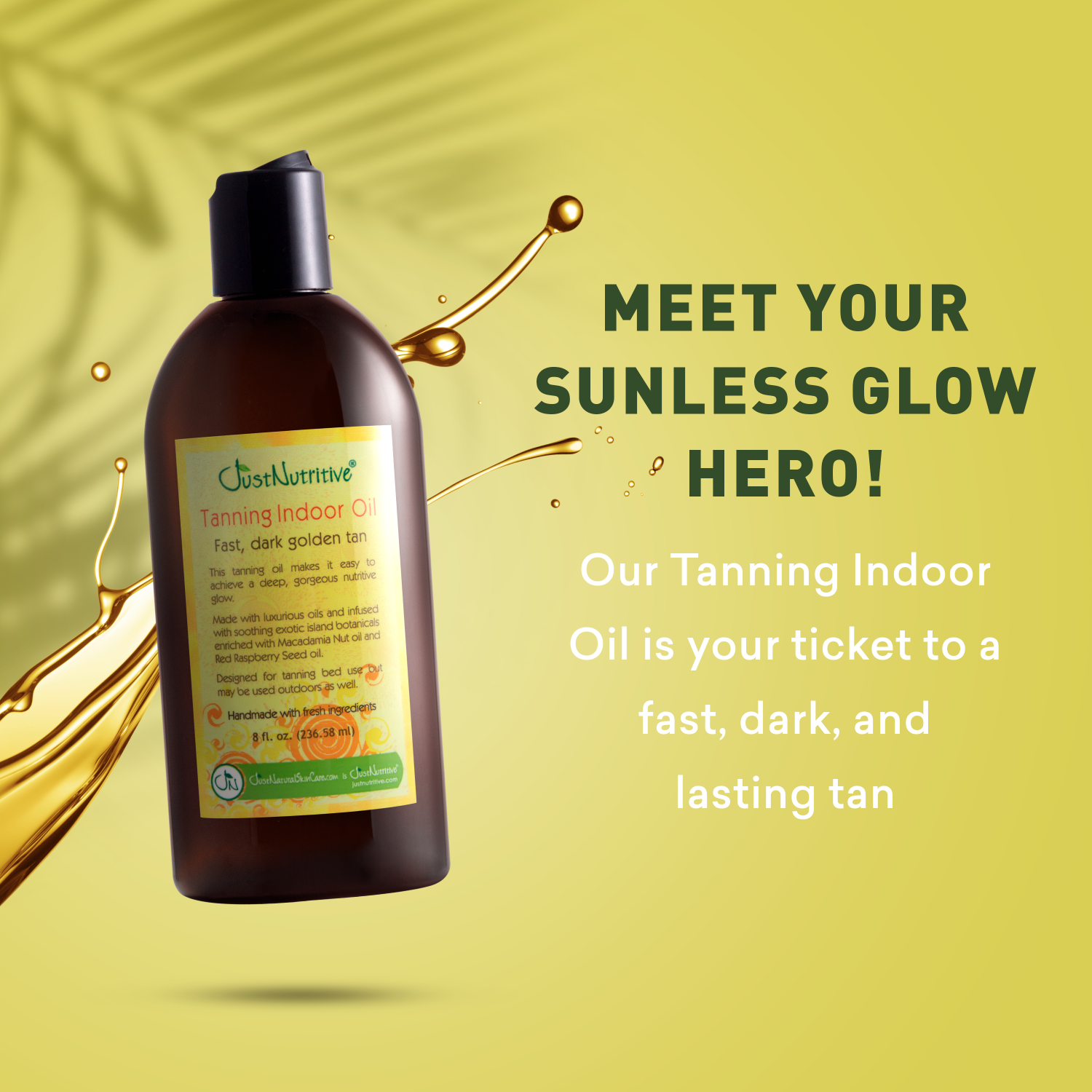 Tanning indoor oil bottle with promotional text on a yellow background