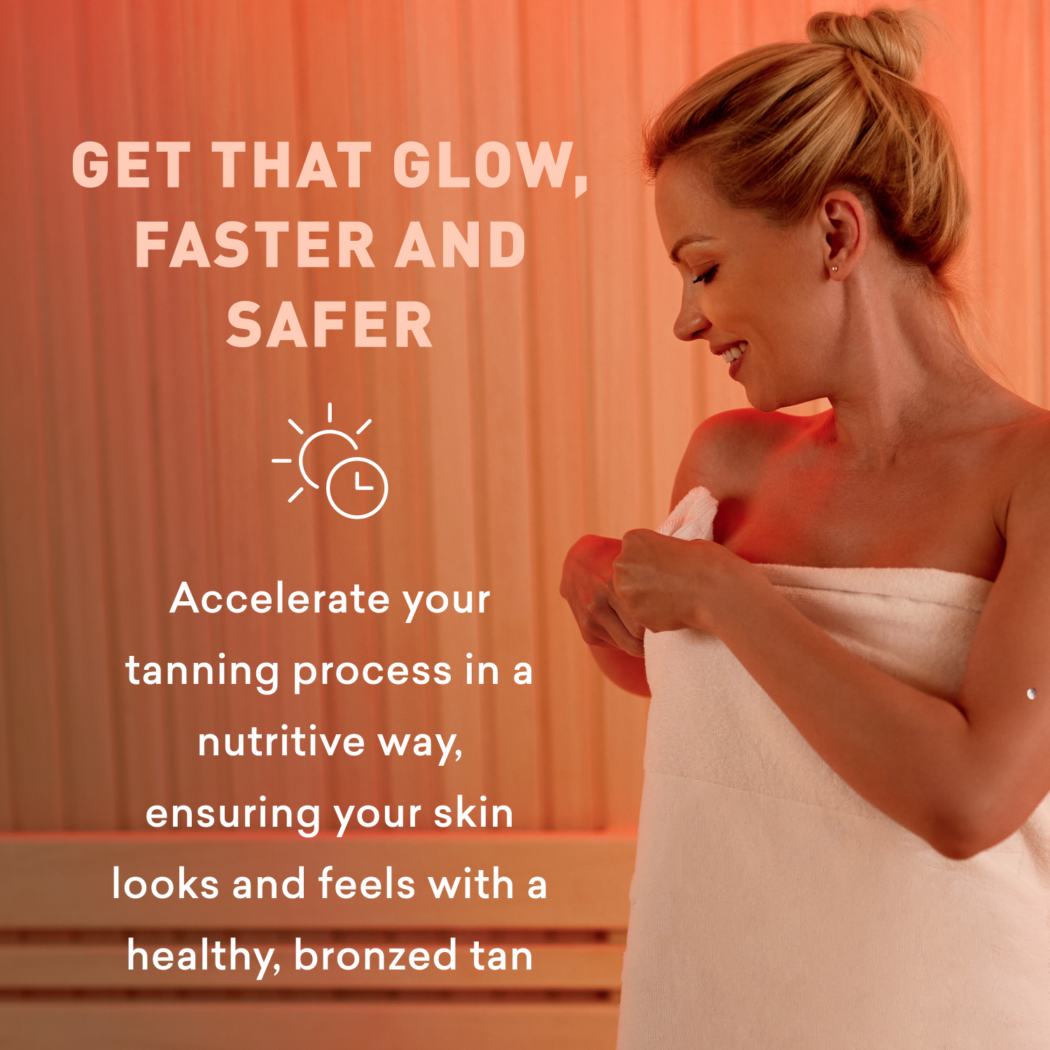 Woman wrapped in a towel with tanning booth in the background, promoting faster and safer tanning.