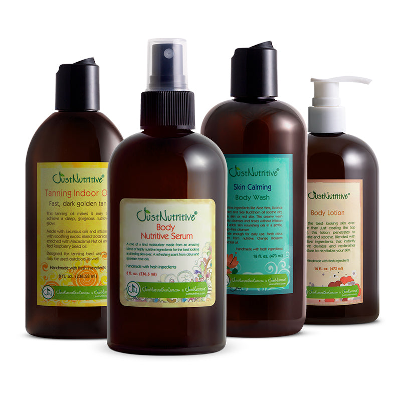 Collection of Just Nutritive products including bottles and a spray bottle on a white background