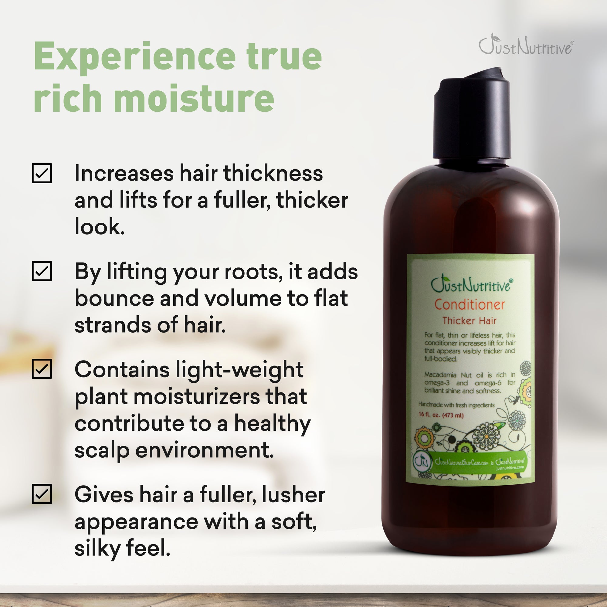 Cosmetique bottle with text about hair care benefits on a white background