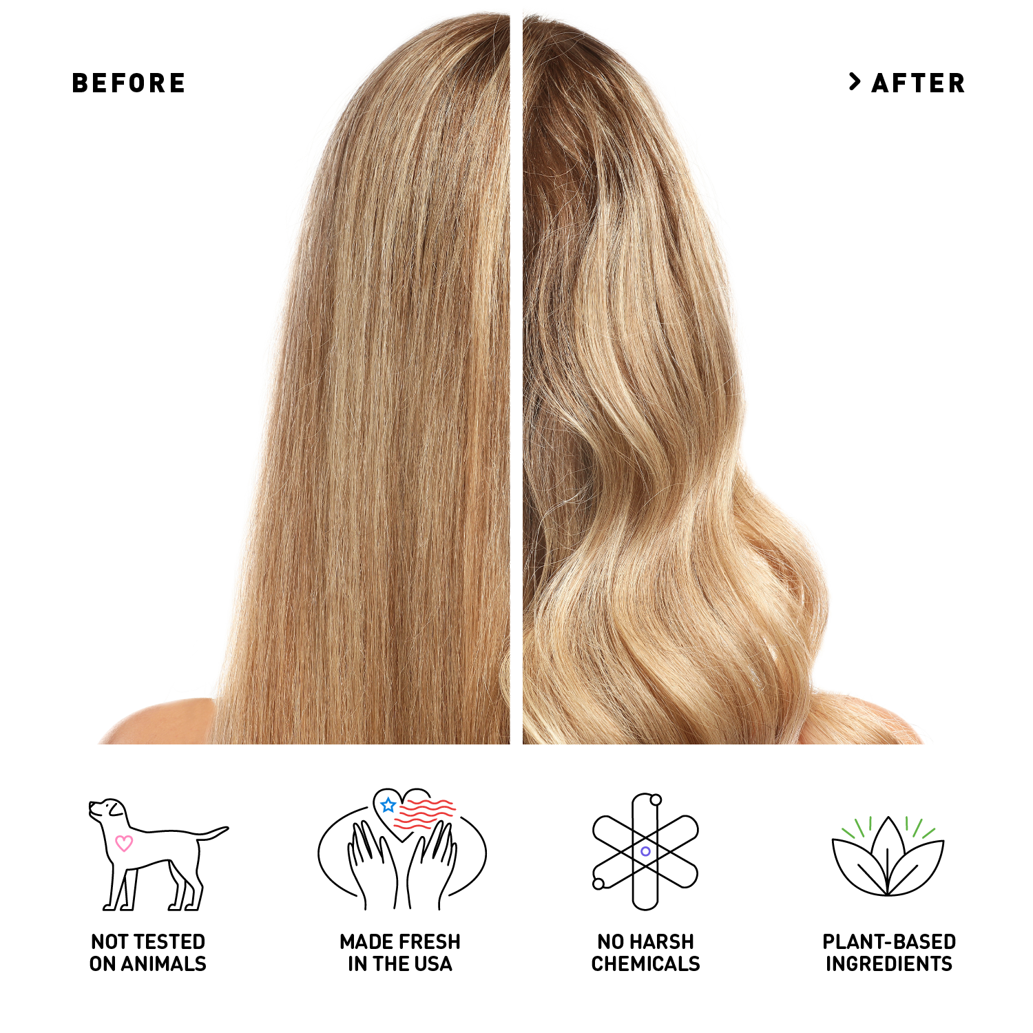 Before and after comparison of hair with product application, featuring icons and text about product attributes.