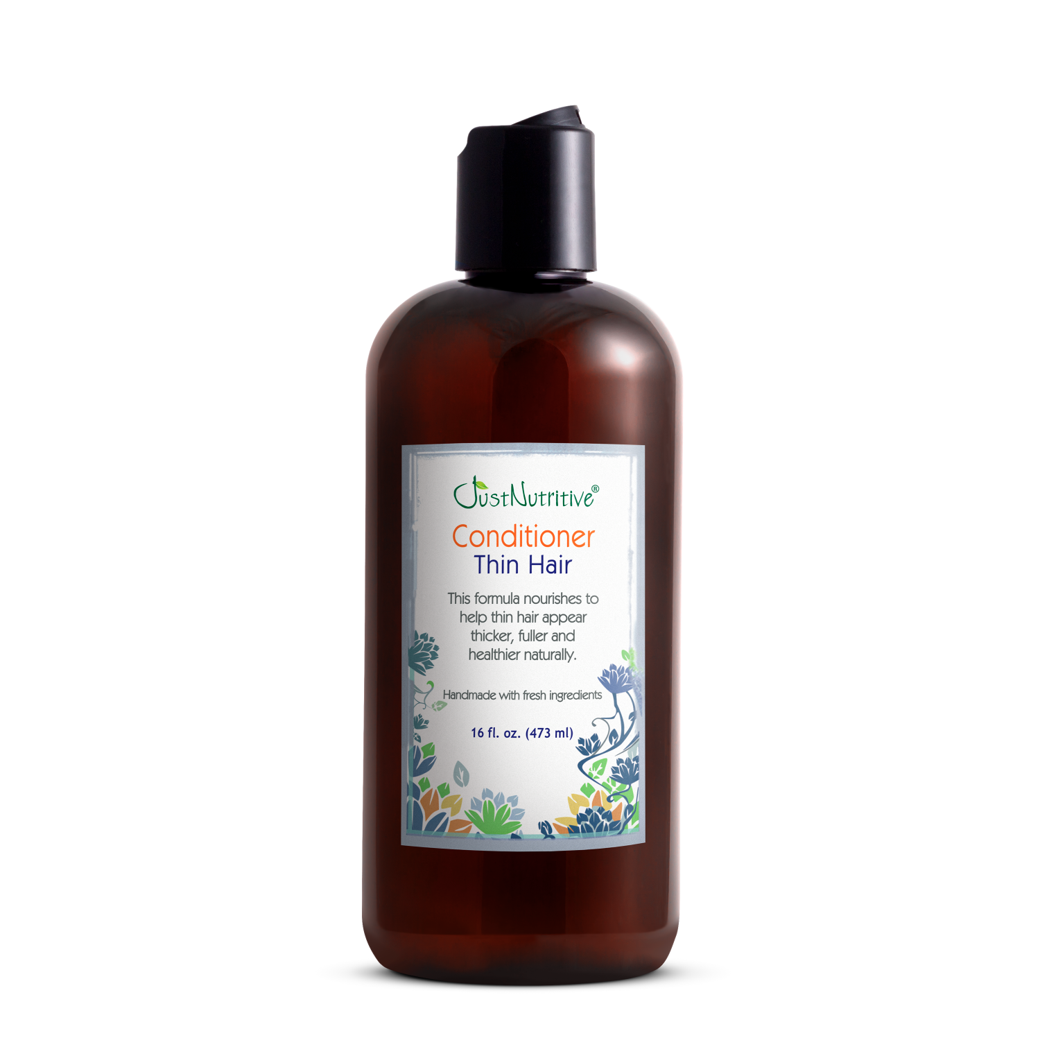 Brown bottle of hair conditioner with a label on a white background