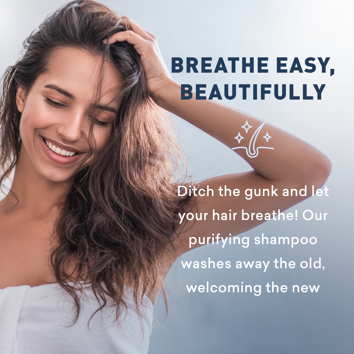 Woman with clean hair touching her hair, with promotional text about purifying shampoo.