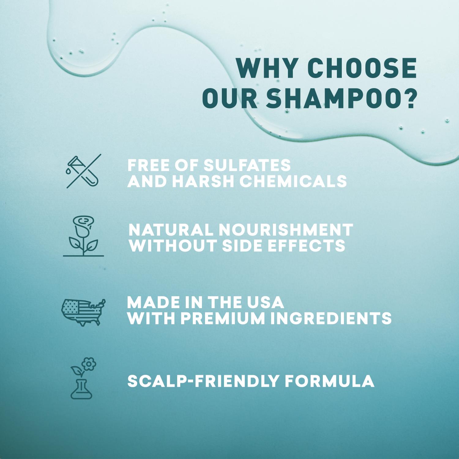 Promotional graphic for a shampoo brand with text and icons on a blue background