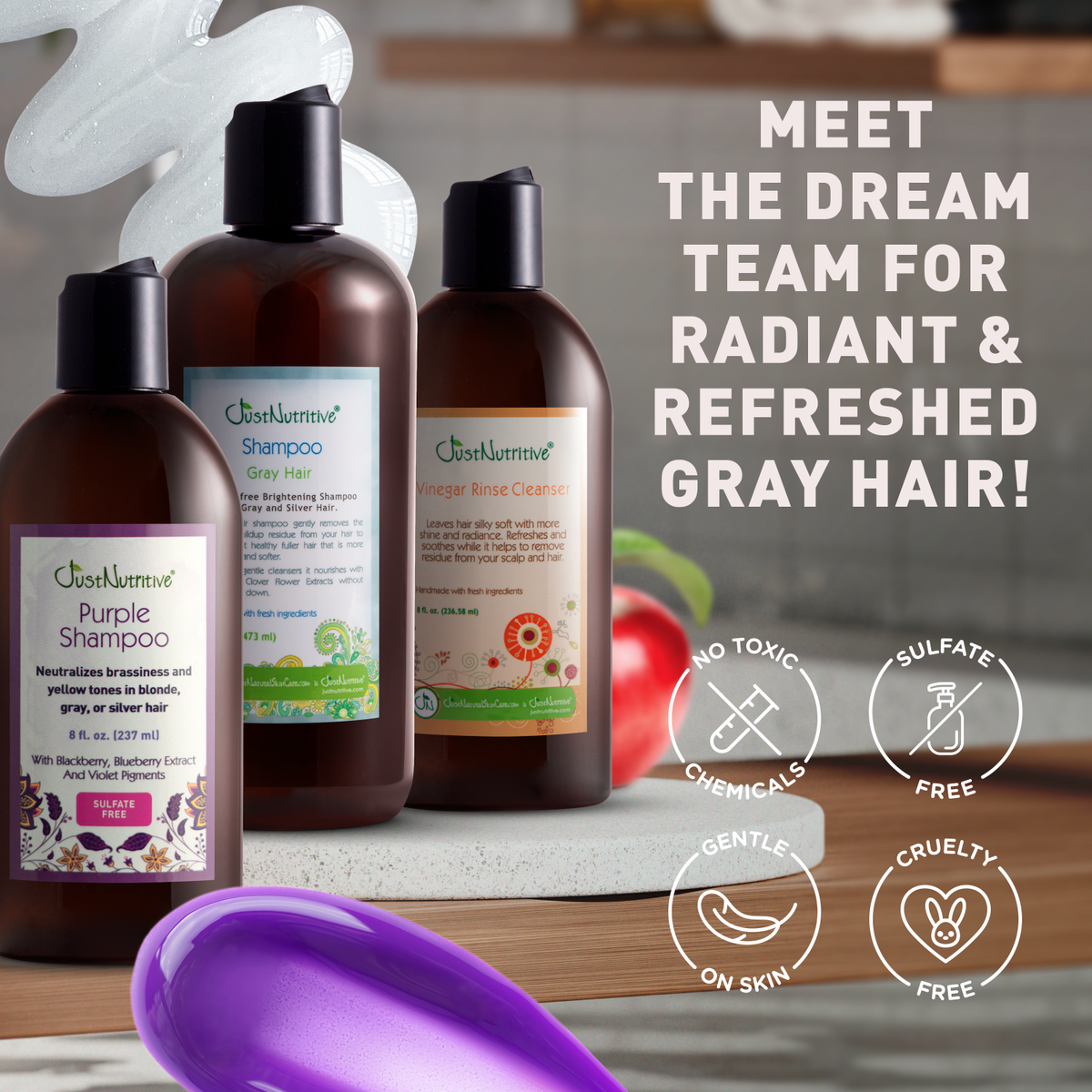 Set of hair care products with text highlighting features on a neutral background