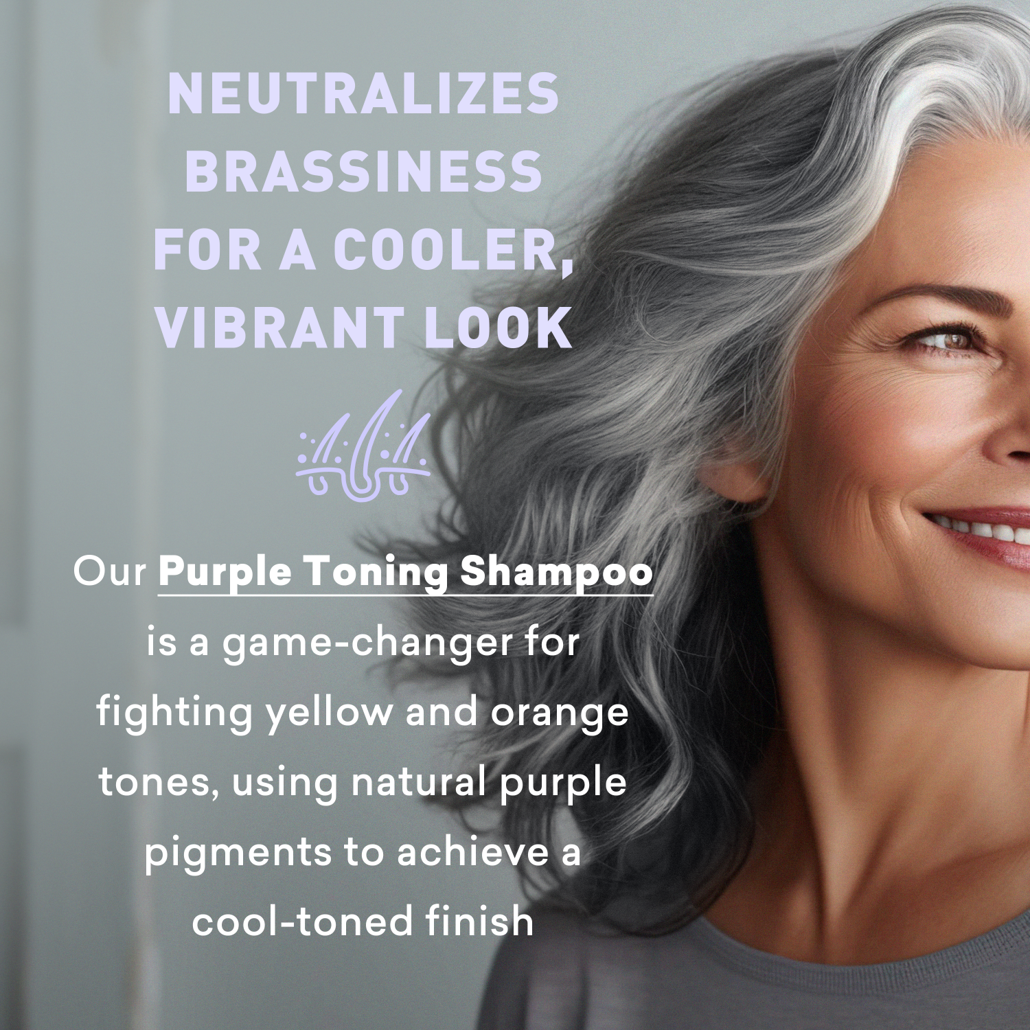 Advertisement for purple toning shampoo with a woman and text about its benefits.