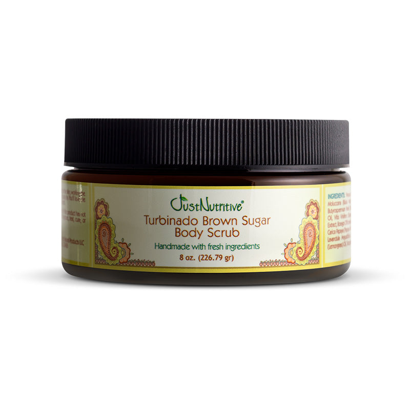 Jar of Just Nutative Turbinado Brown Sugar Body Scrub on a white background