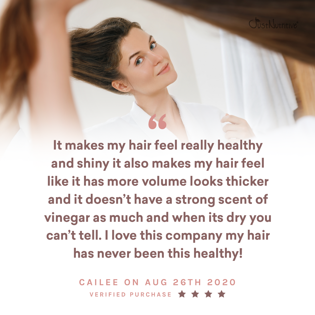 Woman with text overlay about hair care product, featuring a brand name.