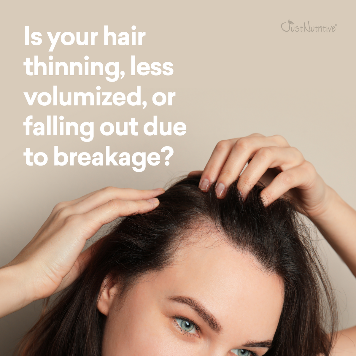Woman touching her hair with text about hair thinning and breakage on a beige background