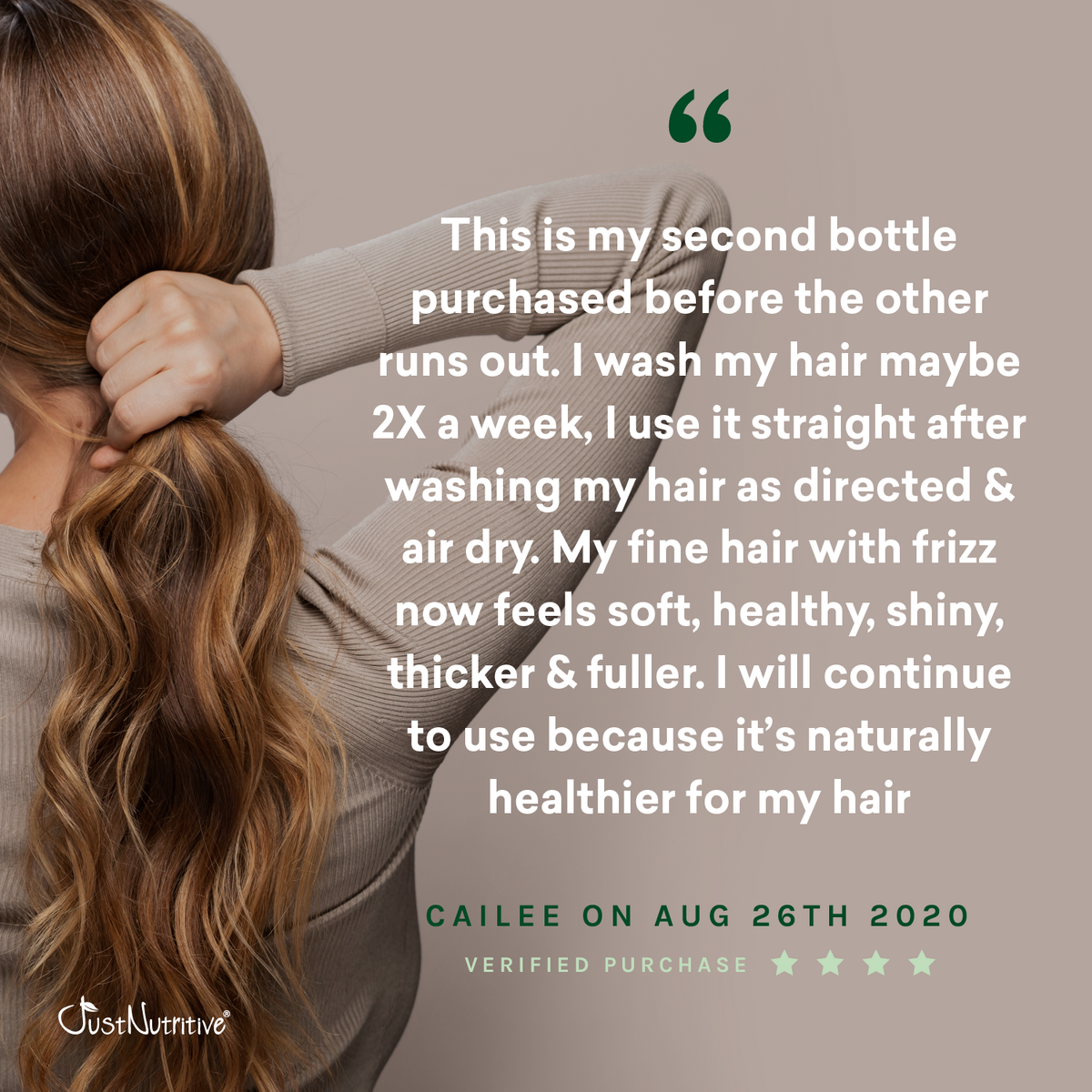 Woman with long, wavy hair touching her ponytail, with a quote about hair care product satisfaction.