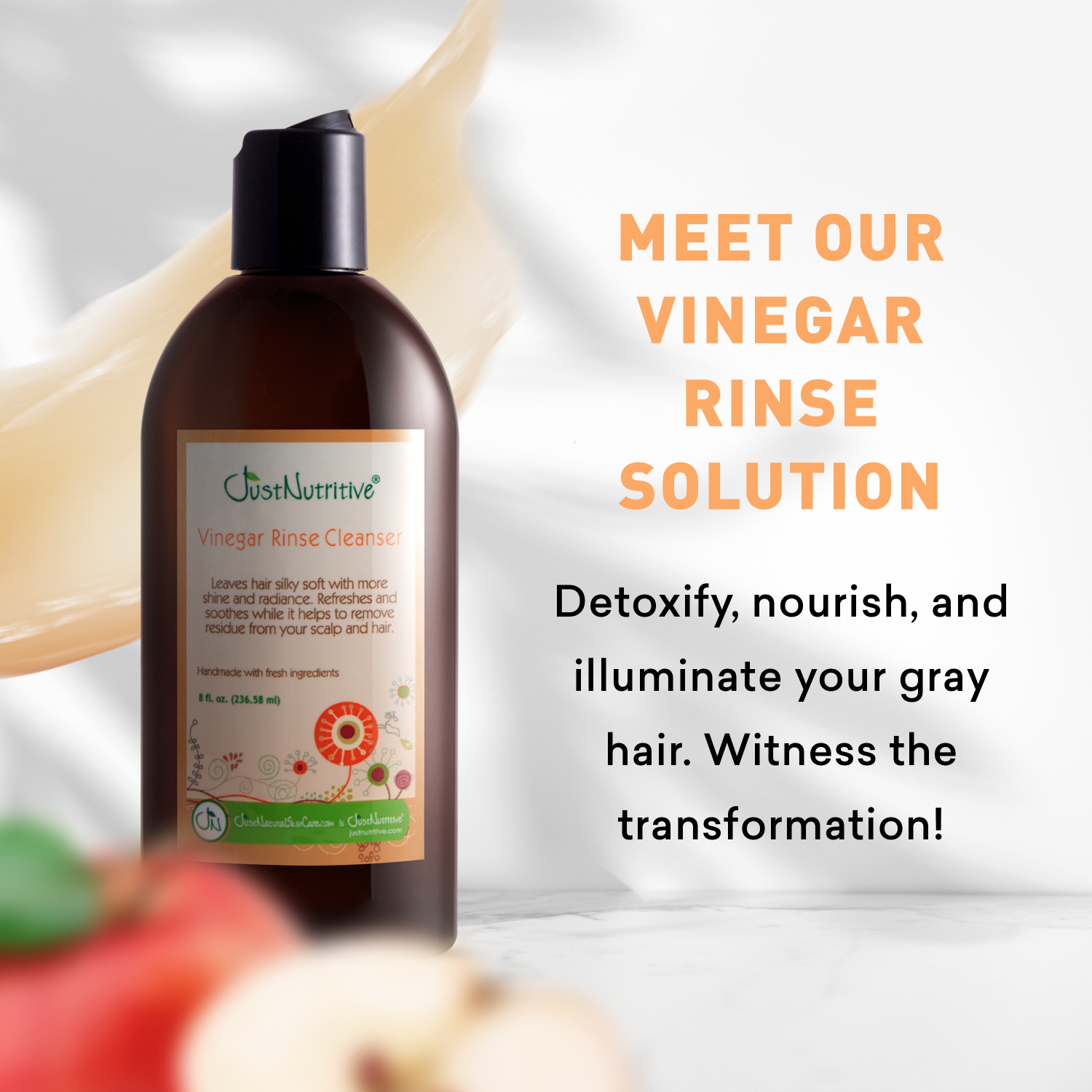 Bottle of vinegar rinse solution with text on a blurred background