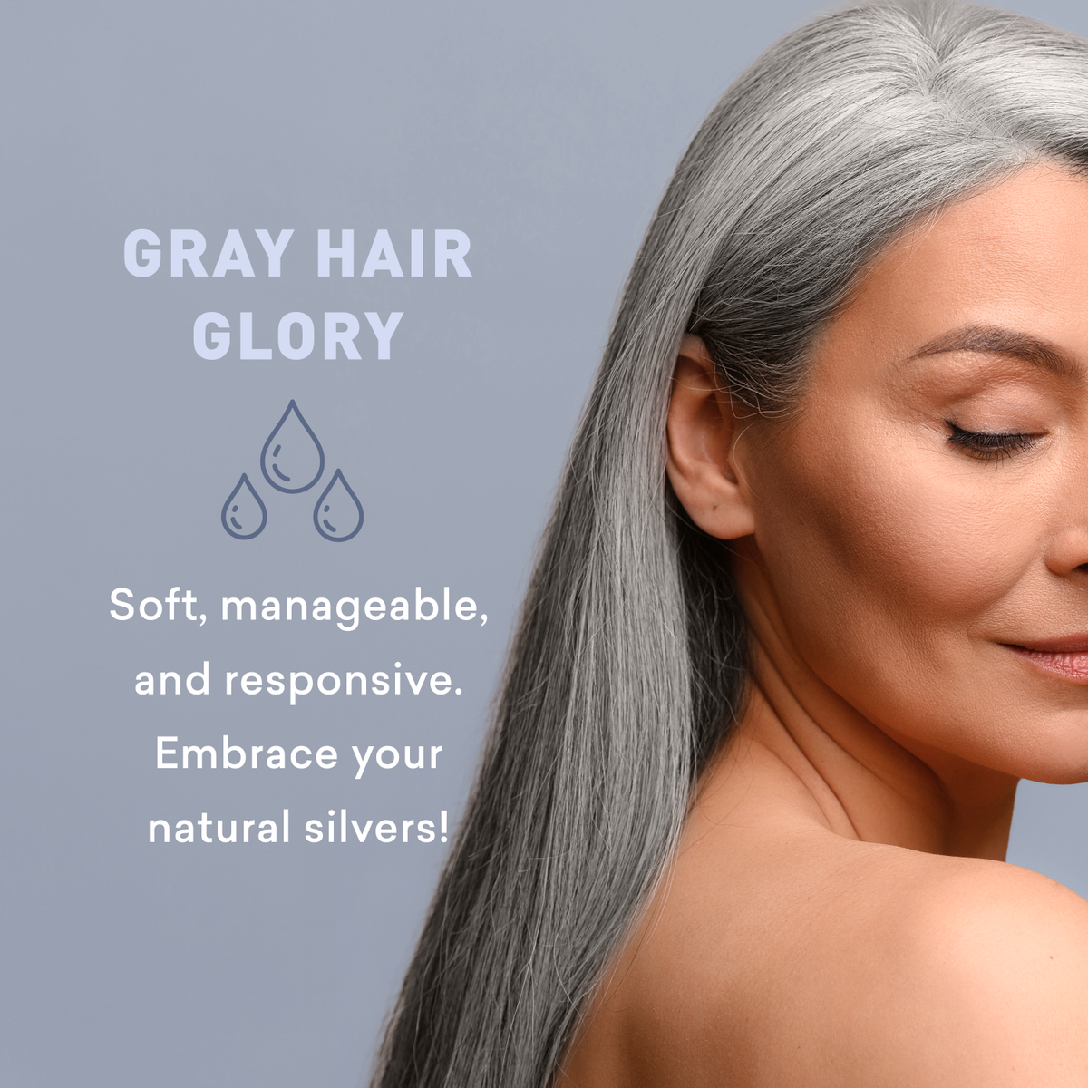 Woman with gray hair against a light blue background with text about gray hair.